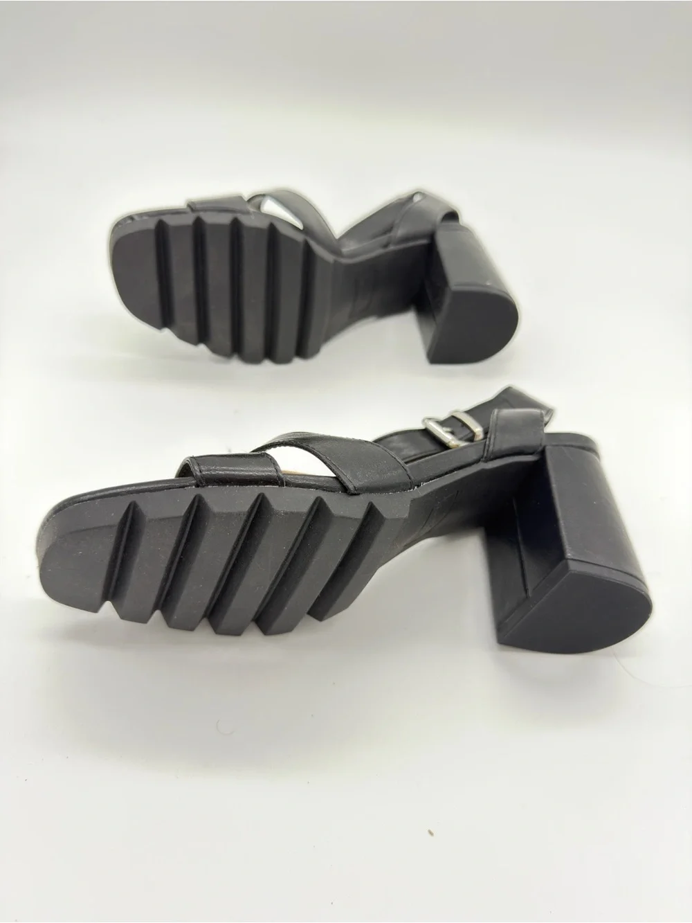 Sun + Stone Black Leather Block Heel Sandals with Ankle Buckle